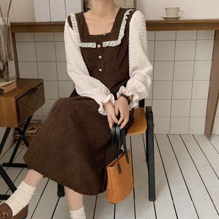 Mock Two-piece Puff-sleeve Ruffle Trim Dress