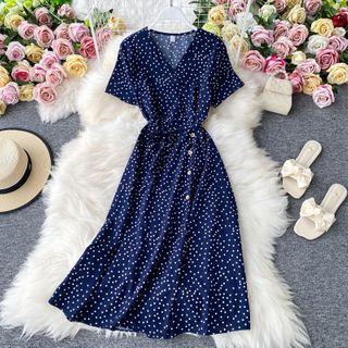 Tie-waist V-neck Dotted Midi Dress