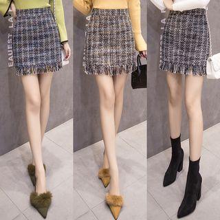 Fringed Hem Tweed Skirt