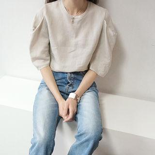Linen Puff-sleeve Top