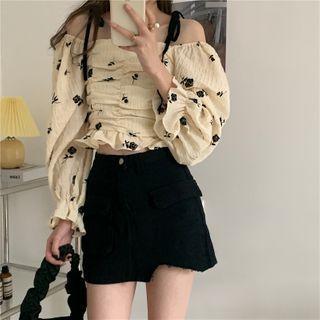 Cold-shoulder Ruffle Hem Long-sleeve Chiffon Shirt