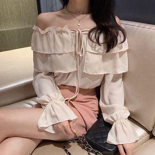 Off-shoulder Bell-sleeve Chiffon Top / Mini Sheath Skirt