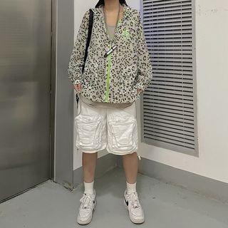 Leopard Print Hooded Zip-up Jacket Neon Green & Black & Gray - One Size