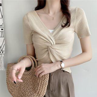 V Neck Plain Twist Short Sleeve Knit Top
