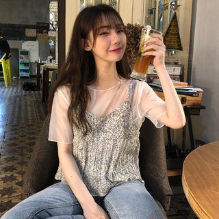 Set: Short-sleeve Mesh Top + Floral Print Camisole Top Camisole Top - Floral - White - One Size / Top - White - One Size