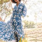 Set: Puff-sleeve Print Blouse + Maxi A-line Dress