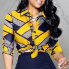 3/4-sleeve Geometric Print Tie-waist Shirt