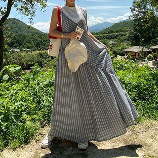 V-neck Striped Linen Suspender Dress