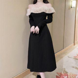 Off-shoulder Fluffy Trim Midi A-line Dress