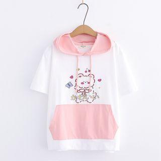 Short-sleeve Hooded Bear Print T-shirt