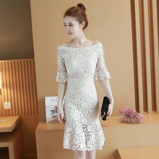 Off-shoulder Elbow-sleeve Lace Sheath Dress