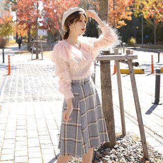 Set: Fringed Ruffle Trim Blouse + Houndstooth A-line Skirt