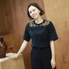 Round-neck Sheer Lace-yoke Top