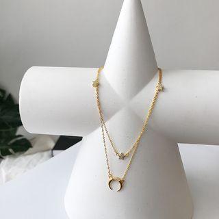 925 Sterling Silver Moon & Star Necklace L109 - 2 Layer - Star - Gold - One Size