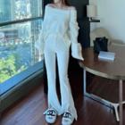 Off-shoulder Blouse / Front-slit Boot-cut Pants