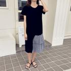 Short-sleeve Checked Panel A-line Midi Dress