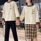 Couple Matching Semi High-neck Embroidered Sweatshirt / Plaid Midi Skirt