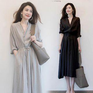 Drawstring Midi A-line Shirt Dress