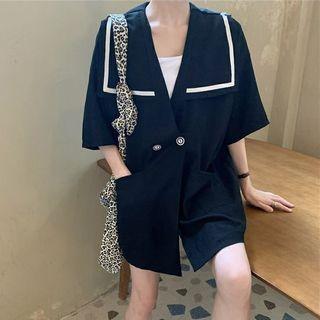 Contrast Trim Double-button Short-sleeve Blazer Black - One Size