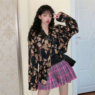 Long-sleeve Floral Print Shirt Brown Flower - Black - One Size