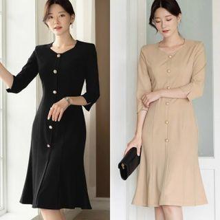3/4-sleeve Button-front Mermaid Dress