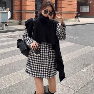 Houndstooth Double Breasted Mini Coatdress / Asymmetric Knit Shawl