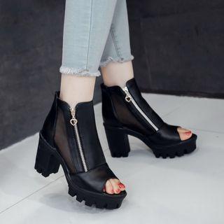 Mesh Panel Block Heel Peep-toe Ankle Boots