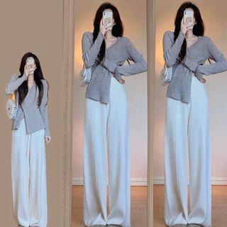 V-neck Wrap Sweater / Wide Leg Pants / Set