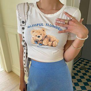 Bear-print Cropped T-shirt Ivory - One Size