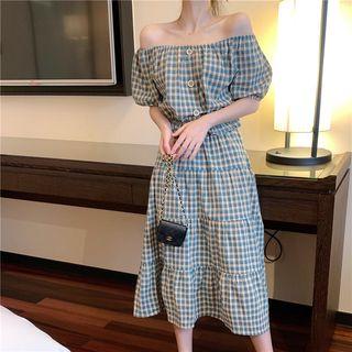 Plaid Off-shoulder Blouse / High-waist Midi Skirt