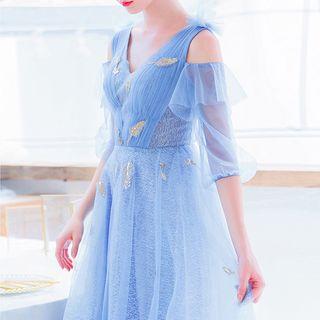 Elbow-sleeve Cold Shoulder Mesh Overlay Lace A-line Evening Gown