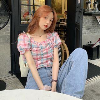 Ruched Plaid Cropped Shirt Pink - One Size