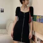 Short-sleeve Zip-up Mini A-line Dress
