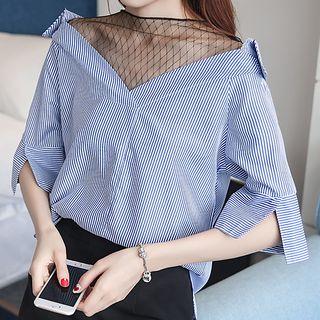 Mesh Panel Striped Elbow Sleeve Shirt