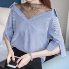 Mesh Panel Striped Elbow Sleeve Shirt