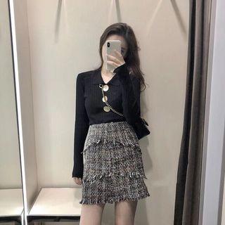 Collard Ribbed Knit Top / Tweed Fringed A-line Skirt / Set