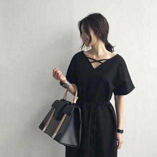V-neck Linen Blend Long Shift Dress With Sash