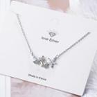 Rhinestone Flower & Butterfly Pendant Necklace Copper White Gold Plating - One Size