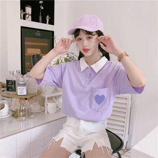 Elbow-sleeve Heart Applique Polo Shirt