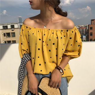 Off-shoulder Elbow-sleeve Dotted Blouse