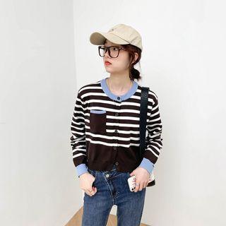 Round-neck Color-block Striped Oversize Button-up Pocket Top Dark Brown - One Size