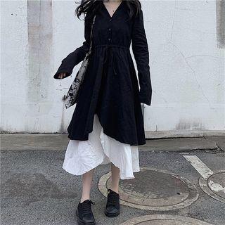 Set: V-neck Long-sleeve A-line Dress + Asymmetric Midi Spaghetti Strap Dress Black & White - One Size