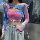 Tie-dye Print Tie-strap Removable Sleeve Cropped T-shirt