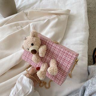 Bear Applique Plaid Woven Box Crossbody Bag