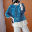3/4-sleeve Mock Two-piece Flower Print Blouse Blue - One Size