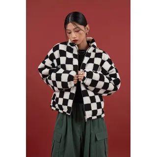 Checked Sherpa-fleece Zip-up Jacket Black - One Size