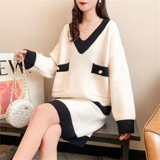 Set: Contrast Trim V-neck Knit Top + Mini A-line Skirt