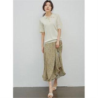 Slit-hem Floral Print Skirt Khaki - One Size