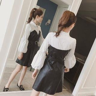 Mock Two Piece Faux-leather Panel Dress