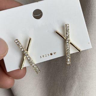 Rhinestone Cross Stud Earring 1 Pair - Silver Needle - Gold - One Size